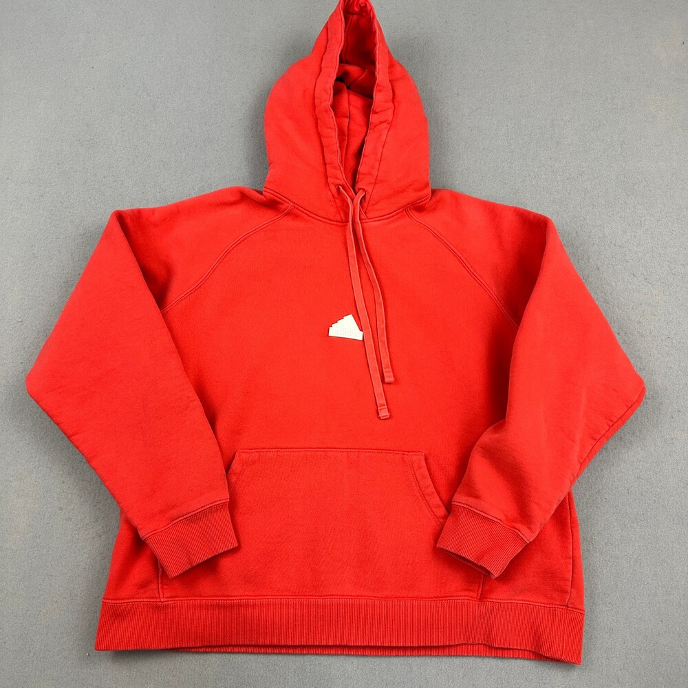 Adidas Hoodie Women Large Orange Pullover Fleece Sweatshirt Pockets L *